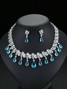 1 套 3 件中东奢华锆石项链和耳环套装，新娘结婚礼服派对订婚精美珠宝，泪珠装饰女士节日配饰礼物 - 水滴 - 查看 11