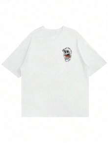 Plus Size Men's Casual Letter & Skull Print Round Neck Short Sleeve T-Shirt, Summer - White - View 3
