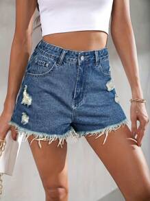 Women Casual Sexy Elegant Fashionable Elegant Gentle Commute Pocket Fringe Sports Young Street Ripped Academy Denim Shorts