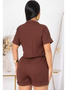 Conjunto feminino linho de short e blusa manga curta - Marrom - Visão 4