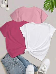 3 piezas Camiseta de mujer con impresión de lema y letra, manga corta, camiseta informal superior con gráficos de LOS ÁNGELES - Multicolor - Ver 2