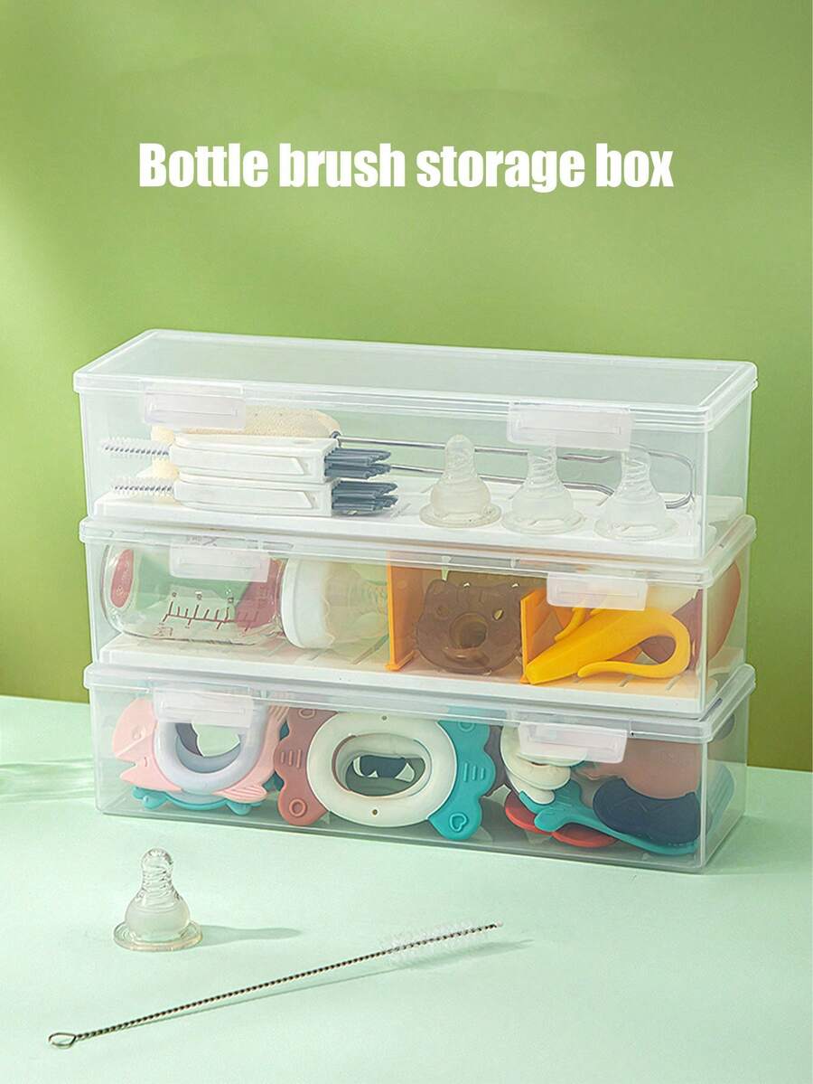 1pc Plastic Baby Bottle & Nipple Compartment Storage Box With Cover, Dustproof Desktop Transparent Teething Stick Toy Organizer - Transparent - View 1