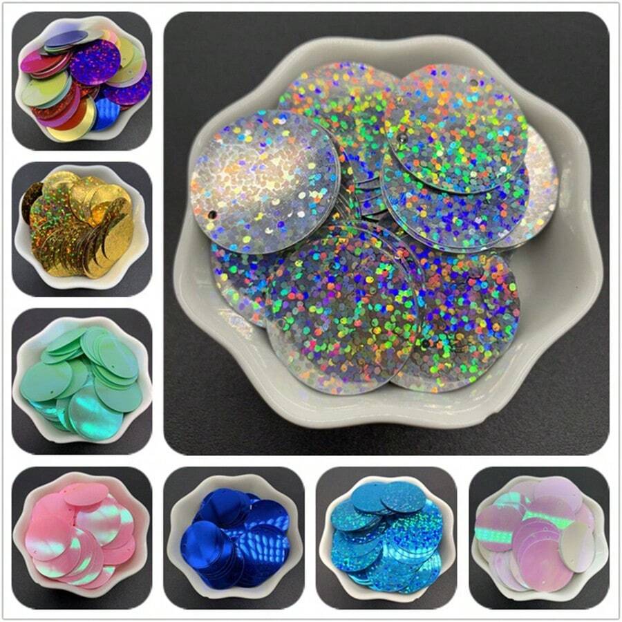 200 件 25 毫米 PVC 扁平圆形散片，带 1 个侧孔，亮片缝纫婚礼工艺配件 DIY 吊坠亮片饰边