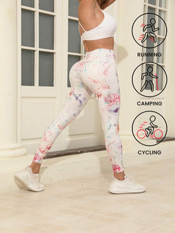 Pink Floral Print Yoga Pants, Stretchy Fitness Running Sport Leggings, Women Sports Wear