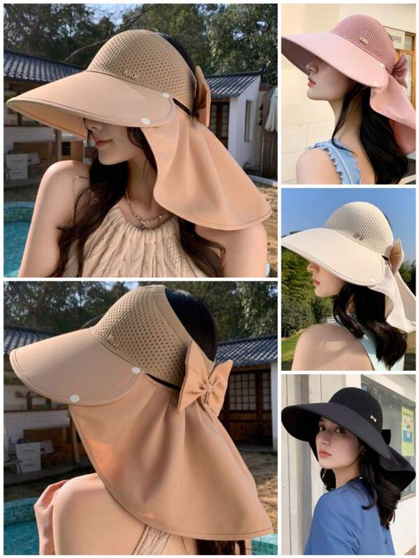 Bestselling Ladies' Open-Top Shawl Neck Scarf Hat, Hollow, UV-Resistant, Wide Brim, Face Covering, Travel & Outdoor, Removable Bow Design, Summer Fashion Bucket Hat