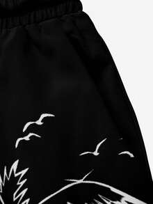 男士加大码休闲假日户外椰子树 3D 数码印花抽绳腰部轻便宽松短裤、沙滩裤，适合日常和度假 - 黑色 - 查看 4