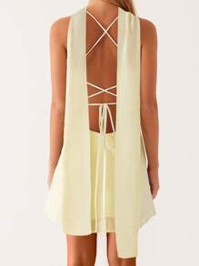 Women Mini Dress Floral Print/Solid Color Sleeveless Cami Dress Summer Backless Dress With Choker Scarf