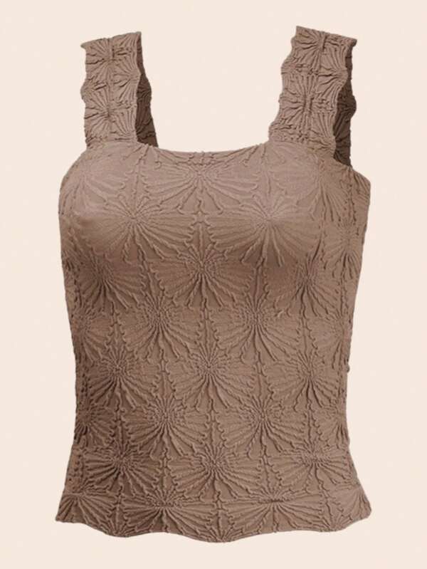 Damen Floral Jacquard gestricktes Crop Top, sexy quadratischer Ausschnitt, breite Träger kurzes Trägertop. Weiches, vielseitiges, legeres tägliches Layering, ärmelloses, yogatauglich anliegendes Cami Unterhemd, Sommertops, Sommer-Outfits für Frauen