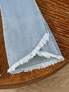 Girls Jeans - Cute Casual Outdoor Multicolor Floral Print Fringe Raw Hem Flared Washed Blue Denim Pants For Little Young Girl