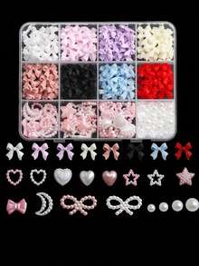12件/盒 3D美甲装饰套装，包含树脂蝴蝶结美甲饰品、5款3D扁平珍珠（白色、蓝色、黑色、彩色、粉色美甲装饰水钻），适合女性和女孩，DIY美甲装饰钻石，美甲用品，适用于家庭美甲沙龙和手机，混合尺寸，美甲装饰宝石