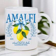 1pc 11oz Amalfi Lemon Ceramic Mug - Italian Social Club La Dolce Vita EST. 339 - Vibrant Lemon & Leaf Design, Durable Ceramic, Hand Wash Only, Reusable Coffee & Tea Cup For Morning Refreshment - Black - View 2