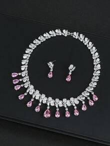 1 套 3 件中东奢华锆石项链和耳环套装，新娘结婚礼服派对订婚精美珠宝，泪珠装饰女士节日配饰礼物 - 水滴 - 查看 10