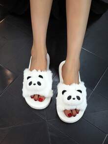 可爱的毛茸茸露趾拖鞋。轻便舒适的室内家居鞋，时尚女士款，四季保暖，白色 - 白色 - 查看 2