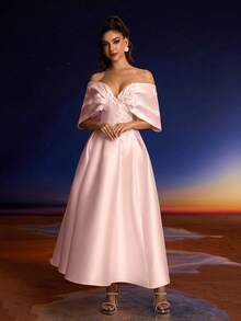 女士优雅3D立体花卉装饰正式晚礼服，简约设计 - 藕粉色 - 查看 3