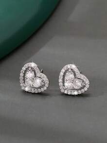 1 Pair Luxury Copper Heart Stud Earrings, Sweet & Versatile, Birthday Gift For Girls