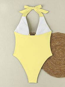 新款春夏性感优雅黄色纯色沙滩度假派对约会连体泳衣（女款） - 黃色 - 查看 4