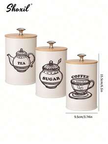 shoxil 3pcs Coffee, Sugar, Tea Canister Set With Airtight Bamboo Lid, Metal Leak-Proof Jars, Space-Saving Sealed Cans, Vintage Kitchen Container For Food Storage - Coffee & Tea & Sugar - View 7
