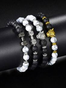 1 pieza Pulsera única para hombre con cabeza de leopardo y cuentas, para uso casual, deportivo y diario