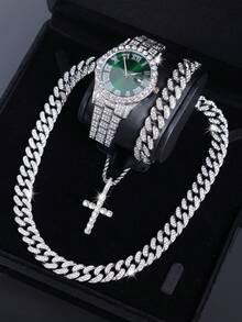 4件套链项链手链套装 男士珠宝石英表套装 带十字架吊坠项链 嘻哈风格酷炫珠宝礼品（不含礼盒） - A - 查看 15