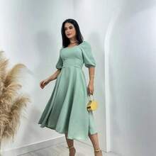 Vestido Feminino Midi Com Manga Bufante Forrado Soltinho - Verde claro - Visão 2