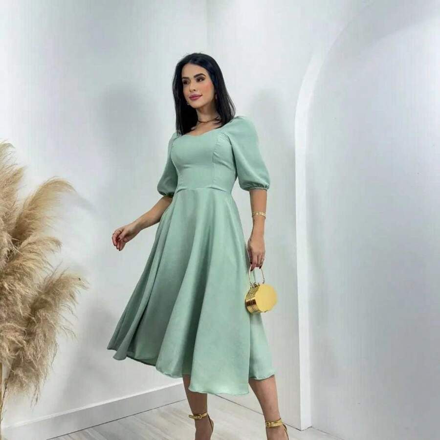 Vestido Feminino Midi Com Manga Bufante Forrado Soltinho