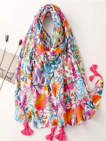 波西米亚风 1 件装简约印花女士围巾新款春夏季保暖披肩，时尚沙滩配饰和多功能头带/披肩/沙滩巾女士配饰女士