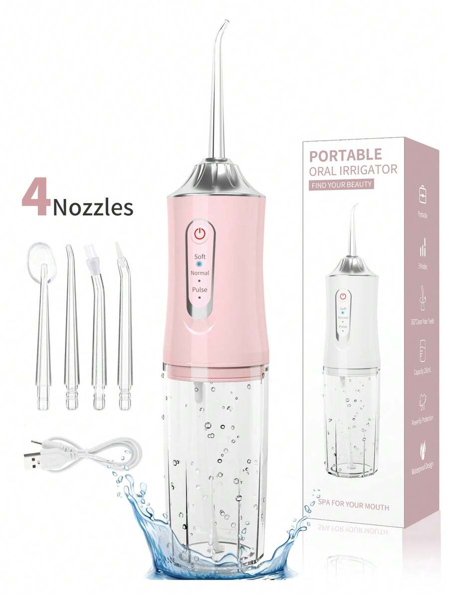 1 件可充电便携式手持式无绳牙齿清洁器，电动水牙线口腔冲洗器，带 3 种模式和 4 个喷嘴，适用于家庭口腔护理，牙科水射流用于清洁牙齿