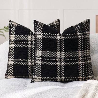 1 件（无插入物）黑色波西米亚格子抱枕套，现代时尚柔软雪尼尔提花彩色 3D 苏格兰格子靠垫套，适合家庭、沙发、床、卧室、客厅装饰、日常和节日聚会，所有季节