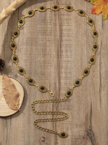 Cadena de cintura retro europea y americana de estilo bohemio para mujer, con flores grabadas en aleación de zinc chapada en oro antiguo y turquesa, adecuada para combinar con atuendos y usar en vacaciones