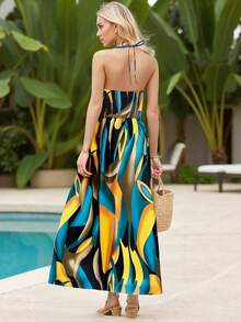 Vestido Larga Para Mujer Sin Espalda Con Cuello Halter y Abertura Para Vacaciones, Festivales - Azul - Ver 2