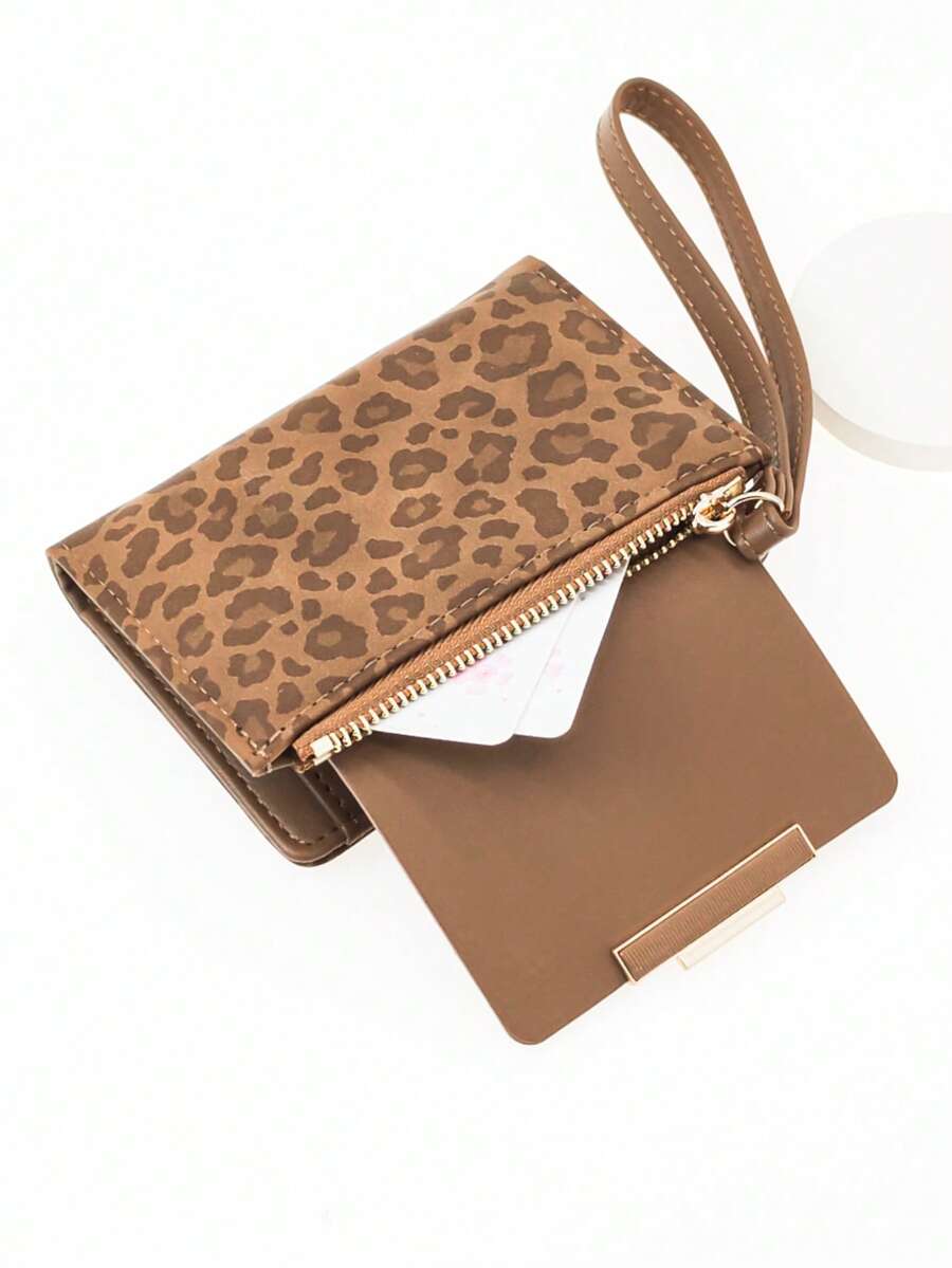 女士短款拼色钱包，时尚豹纹和木纹多功能卡包，别致按扣开合大容量拉链零钱包，适合年轻学生，节日便捷礼物 - 棕色 - 查看 1