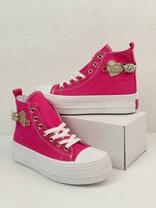 Women High-Top Thick-Sole Rhinestone Glitter Lace-Up Sneakers, Cute & Casual For Walking, Commuting, And Sport - Rose Red - View 7