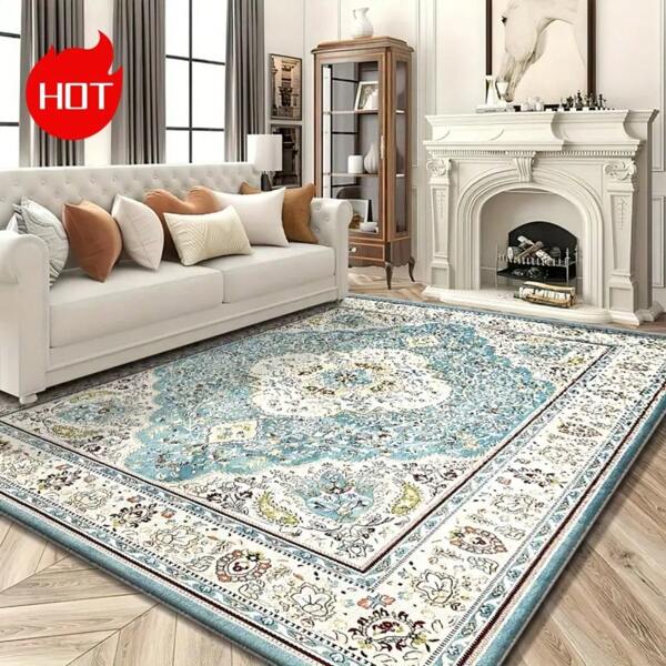 Alfombra de gran área, Colección 2025, Patrón verde personalizado, Estilo bohemio retro, Elaborada con material de terciopelo de cristal de alta tecnología con superficie tejida densa que es resistente a la decoloración, a la abrasión y fácil de limpiar. Presenta partículas antideslizantes en el lado inferior, lavable a máquina.