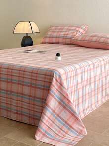 3 件套粉色格子床上用品套装（1 张床单 + 2 个枕套），柔软舒适的床上用品套装，简约风格，包含 1 张床单和 2 个枕套，无填充物，适用于宿舍、卧室，多种尺寸可选