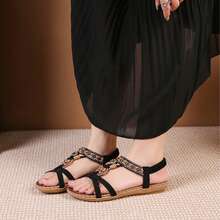 Women Sandals Blossom Print Elastic Sandals Soft Bottom Walking Shoes - màu đen - Xem 5