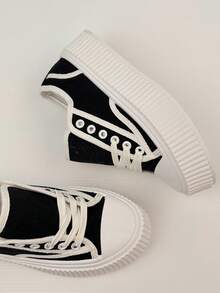 Lace-Up Round Toe White Sneakers, Versatile Thick Sole Casual Shoes, Preppy Style Canvas With Contrasting Trim, Suitable For Beach, Office, Home, All Seasons - Black - View 6