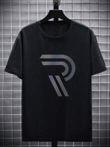 Kaos Lengan Pendek Leher Bulat Kasual Pria Ukuran Besar dengan Cetakan Huruf, Musim Panas - Hitam - View 2