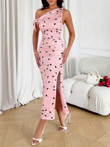 Vestido rosa con hombros descubiertos para mujer de Oldmarny con diseños de corazones del Día de los Enamorados, besos, abrazos y frases de amor - Rosa - Ver 5