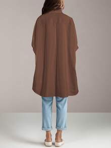 Women Button Front Short Sleeve Casual Blouse, Stylish High-Low Hem Solid Color Minimalist Design For Daily Wear - Brown - View 3