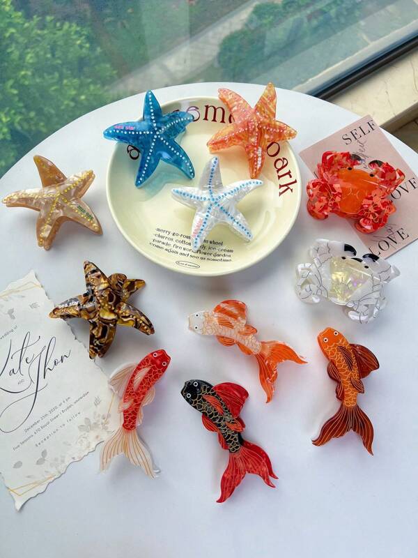 European And American Style Hair Clips, French Design Series Including Koi Fish, Crab, Shark, Starfish, Seashell Shaped Hair Clips, Unique Original Design For Casual Updo, Ponytail Hairstyles