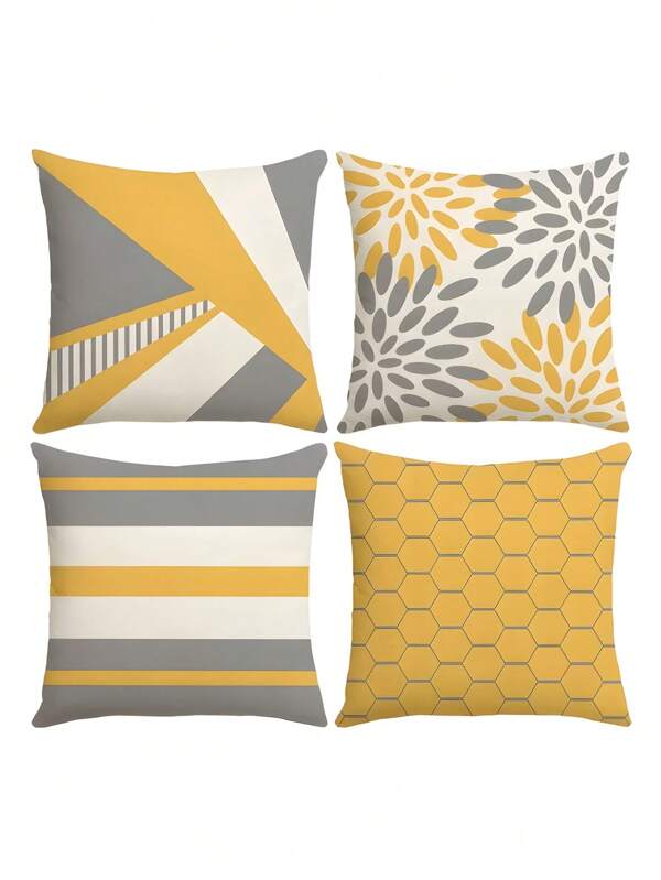 4pcs Bohemian Pillow Covers, Yellow & Grey Geometric Pattern Decorative Pillowcases For Sofa, Bedroom, Office, Car, Farmhouse Home Decor, 16x16",18x18",20x20", Without Pillow Insert Cushion Covers Room Decor Bedroom Decor Pillow Case Cushion