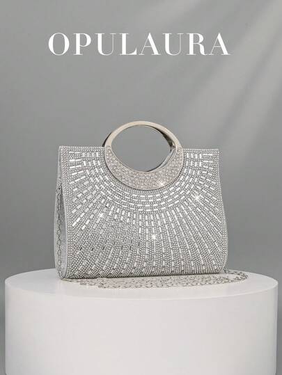 OpulAura 女士时尚闪亮水钻装饰晚宴手拿包，奢华闪耀水钻细节正式派对手提包，适合礼服、派对、约会、婚礼、生日、新娘配饰、婚礼手拿包