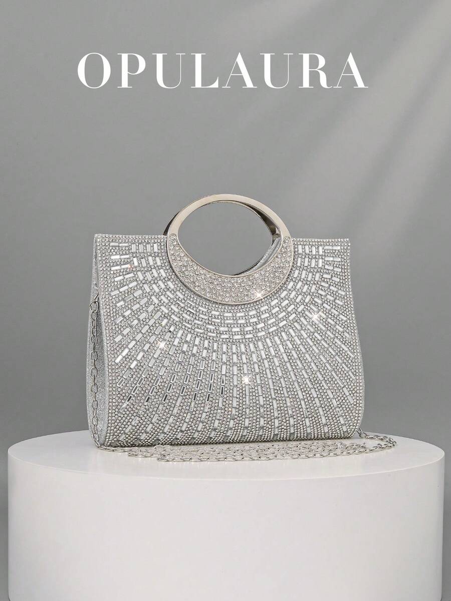 OpulAura 女士时尚闪亮水钻装饰晚宴手拿包，奢华闪耀水钻细节正式派对手提包，适合礼服、派对、约会、婚礼、生日、新娘配饰、婚礼手拿包 - 銀色 - 查看 1