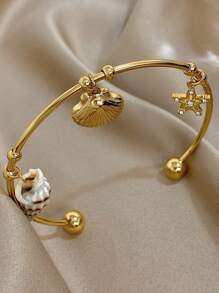 1Pc 18K Gold Plated Ocean Open Bracelet For Women - Luxury Nautical Starfish Shell Charm With CZ Stones, Adjustable Boho Beach Jewelry, Mother's Day Gift, Summer Vacation Travel Essential, Graduation Present, Teacher Gifts