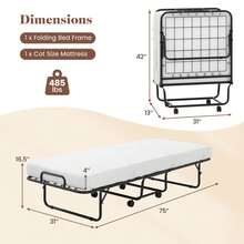 Lifezeal Folding Bed With Mattress 74" X 31" Cot Size Rolling Guest Bed Space Saving - White - View 3