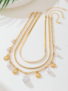 1 pieza Collar de colgante vintage con perla falsa estilo barroco y dije de concha metálica, collar de varias capas adecuado para uso diario, fiesta, regalo de cumpleaños, perfecto para mamá