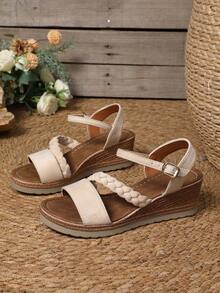 大码女士坡跟凉鞋，2025夏季新款时尚仙女风纯色度假波西米亚风高跟鞋，旅行必备 - 米色 - 查看 5