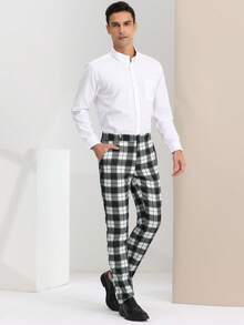 Men's Plaid Pants Regular Fit Flat Front Classic Elastic Waist Suit Pants - Light Gray - View 4