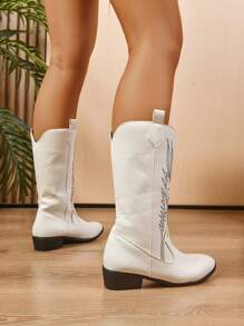 Elegant Women's Fashion Boots, Slip-On Embroidered Western Boots, High Heel Embroidered Western Boots, Stunning Embroidered Cowgirl Boots, Slip-On Flat Mid-Calf Boots For Autumn/Winter In White, Brown And Black