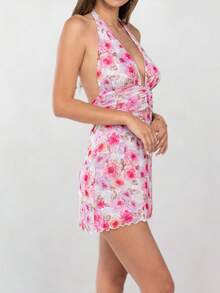 Womens Boho Floral Print Halter Neck Bodycon Dress Summer V Neck Sleeveless Backless Ruched Party Mini Dress Beach Vacation Sundress - Pink - View 4